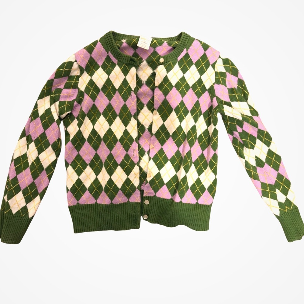 Crewcuts J.Crew Girls Argyle Cardigan Sweater‎ Green Purple Cotton Size 10 XL
